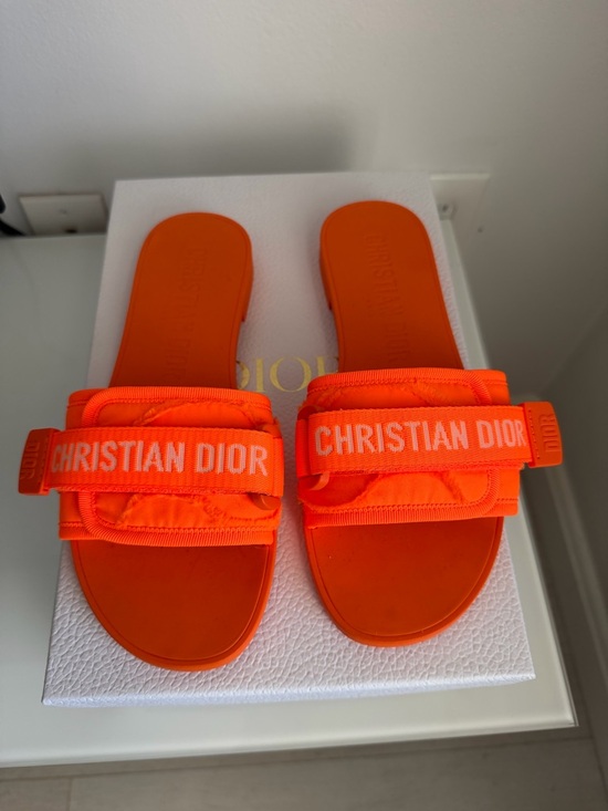 Dior Shoes - Dior Orange Fluo Logo Slide Sandals